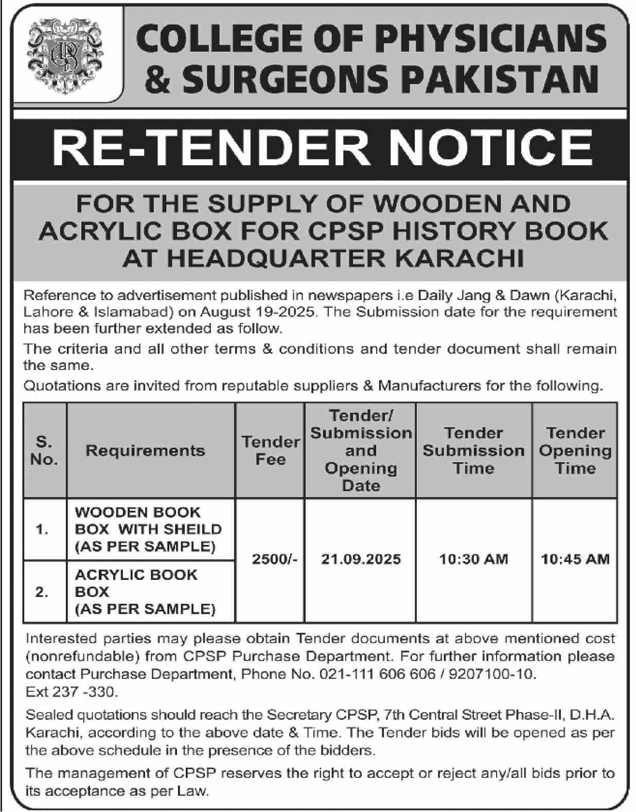 College of Physician & Surgeons Pakistan Tender Notice